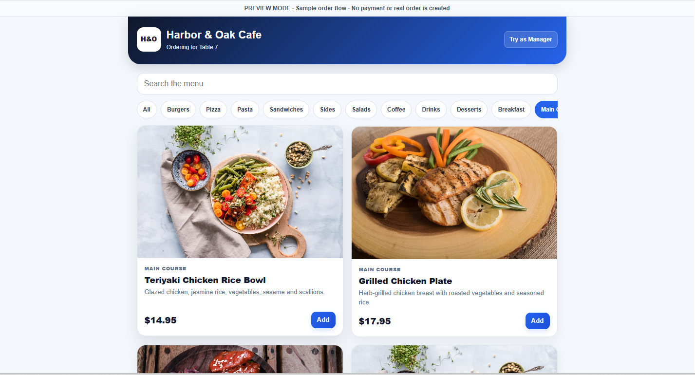 Own Manager customer QR menu preview