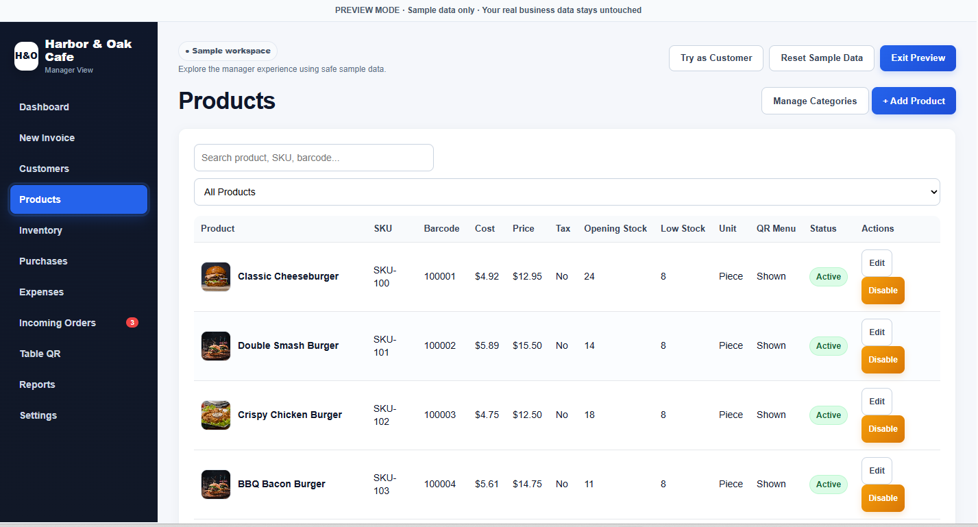 Products screen